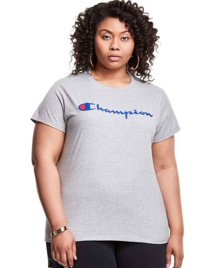 Champion T-Shirt Dames - Grijs - Plus Classic Script Logo ( 695028-RIW )